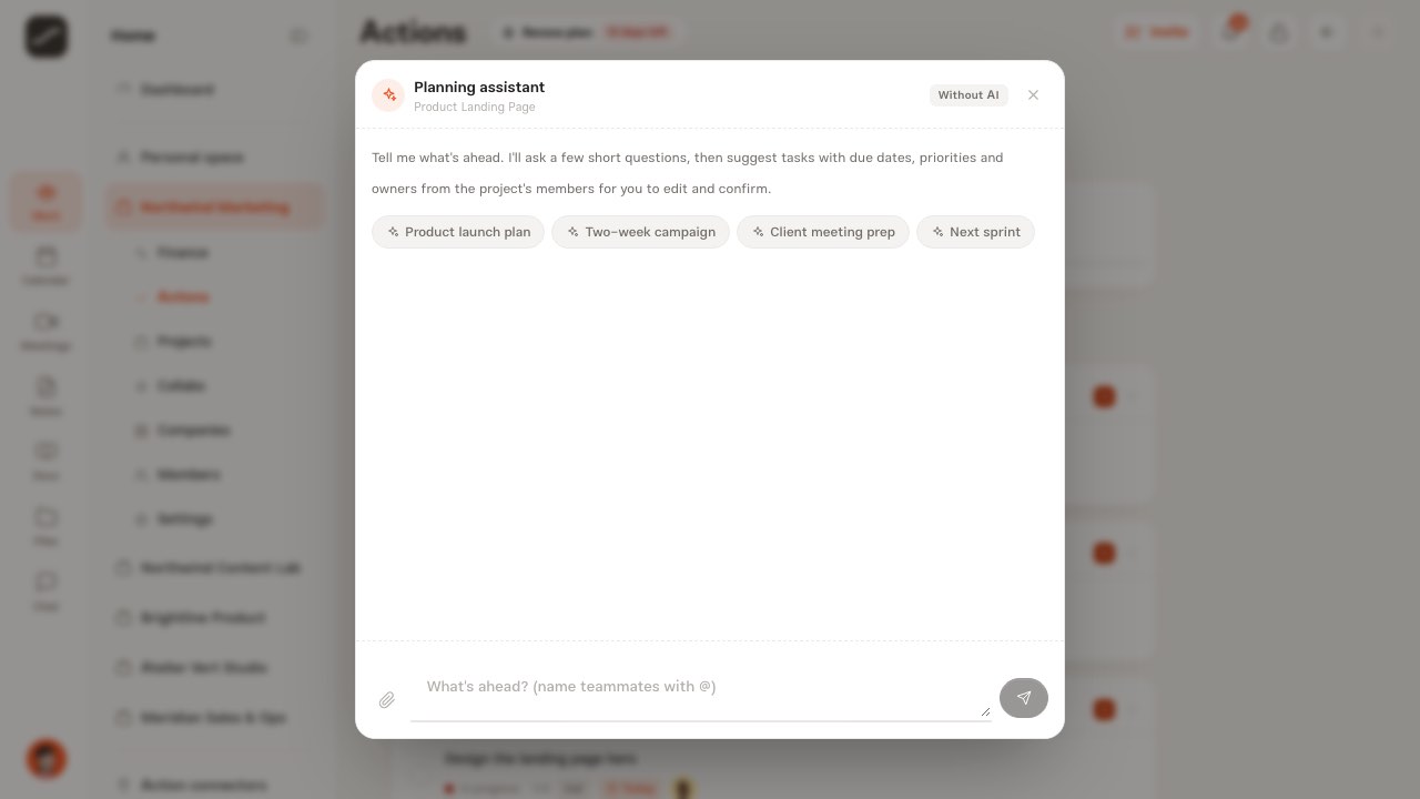 The planning assistant popup with the project's name and four ready-made suggestions