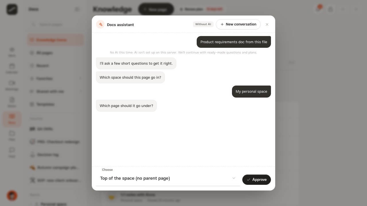 The Docs assistant asking for the space and the parent page