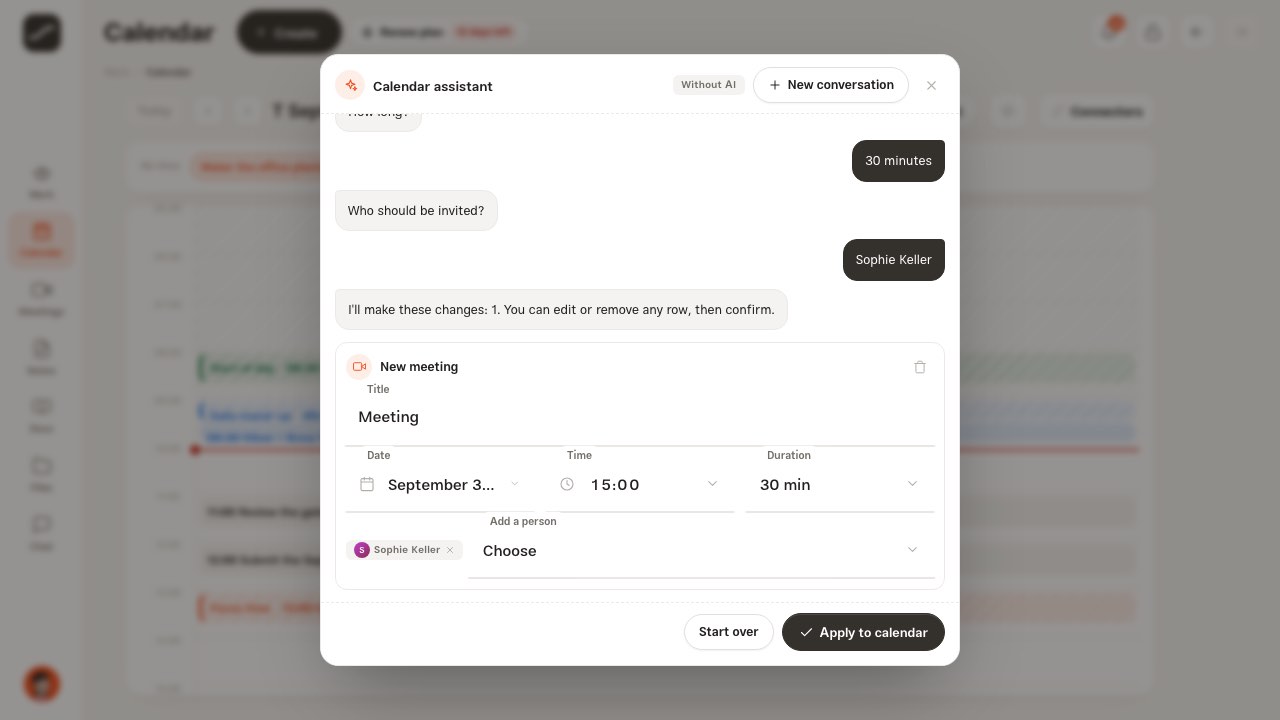A meeting draft with date, time, duration and guest, and the “Apply to calendar” button