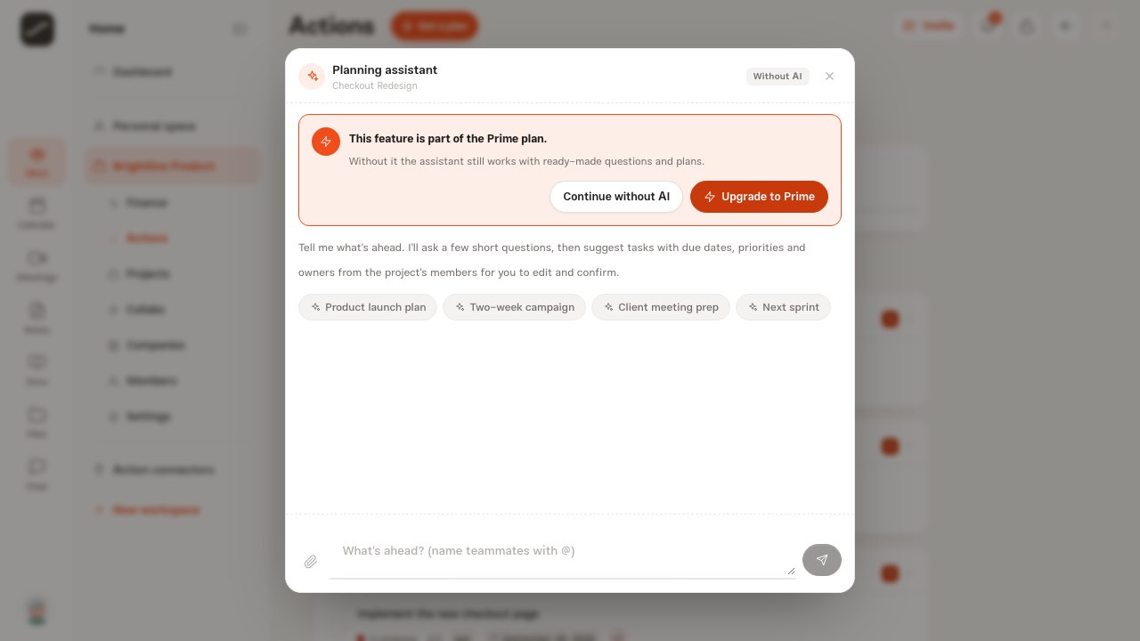 The “This feature is part of the Prime plan” card with “Upgrade to Prime” and “Continue without AI”