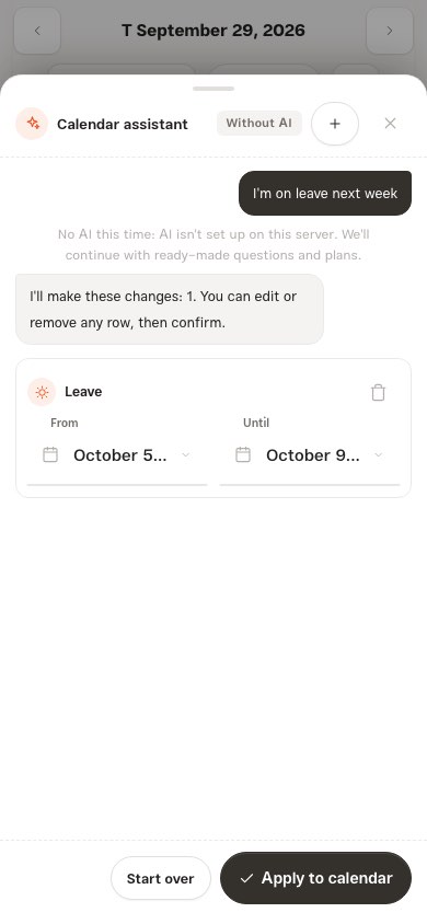 The calendar assistant on a phone as a full-height sheet