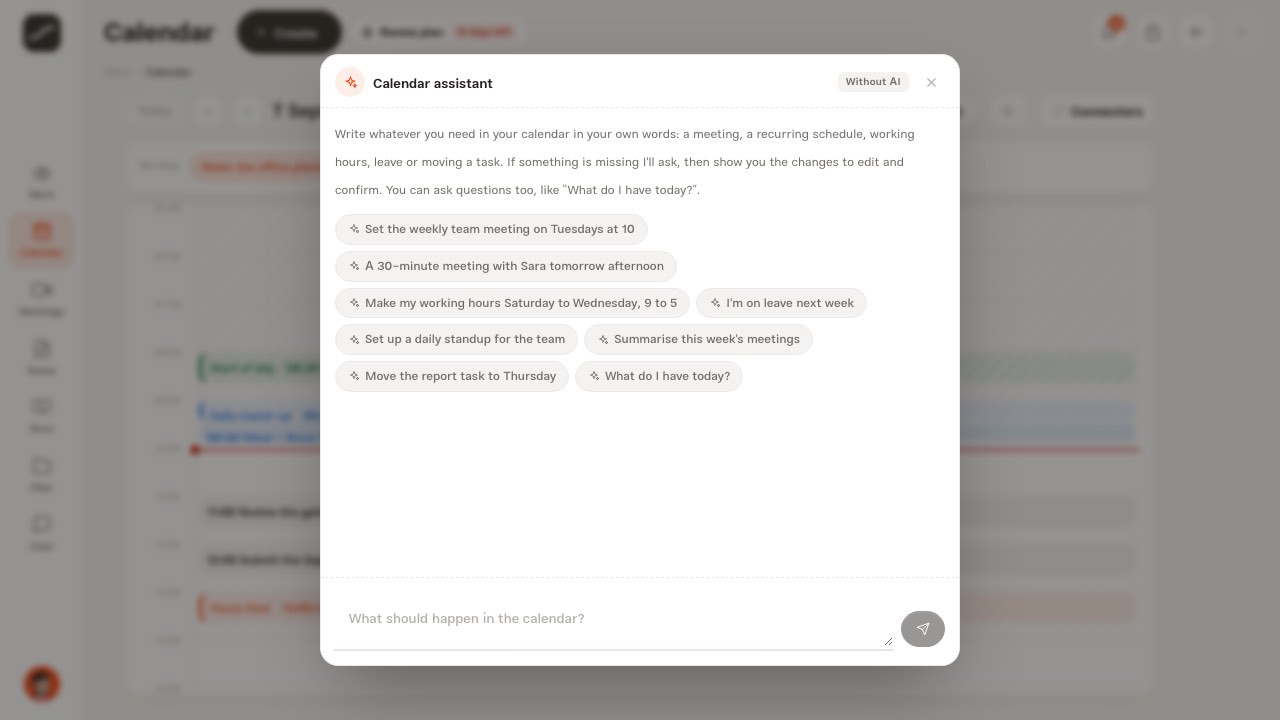 The calendar assistant popup with its intro, ready-made suggestions and text box