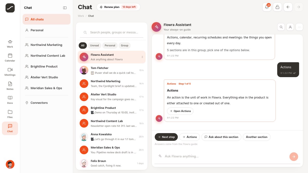 Flowra Assistant in chat, on the second step of a section, with next-step suggestions