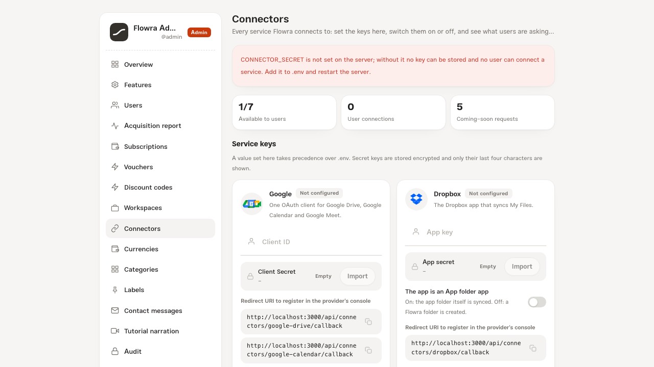Connectors in the admin panel with the service keys and the on-off switches