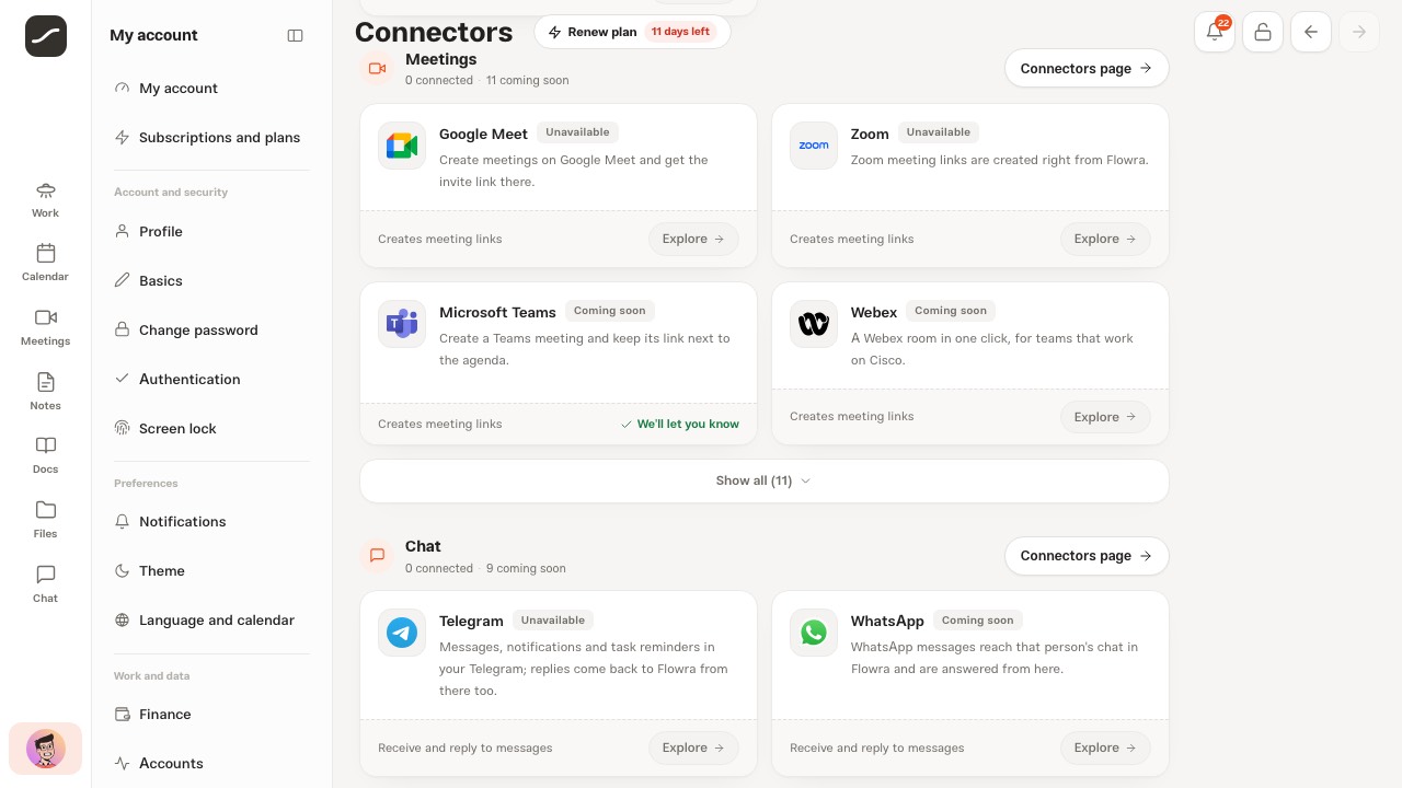 The Meetings section with Google Meet and Zoom and the coming-soon cards expanded