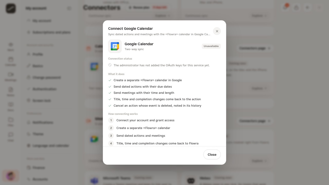 The Google Calendar sheet with connection status, what it does and the steps of connecting