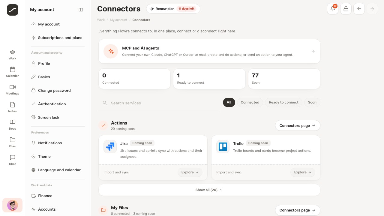 The connectors hub with the MCP card, the three status tiles and the Actions section