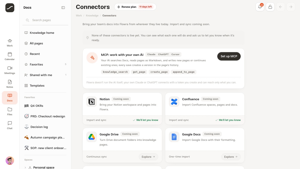 The knowledge connectors with the official marks of Notion, Confluence, Google Drive and the rest