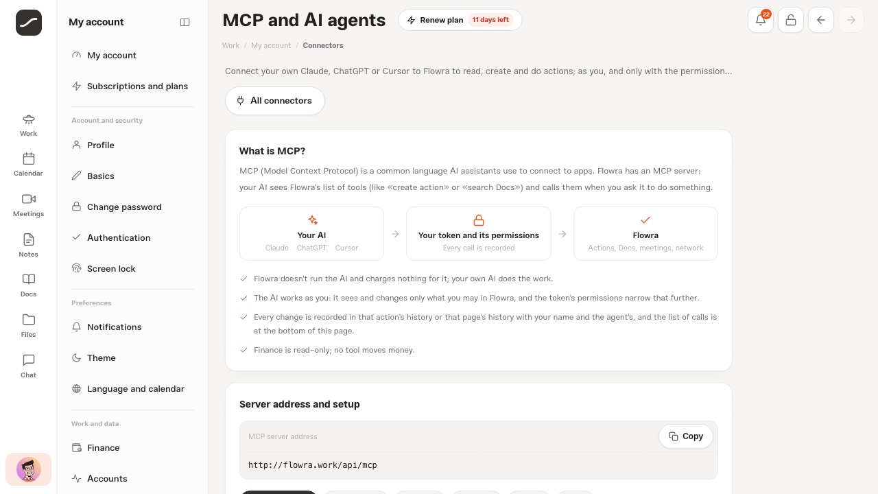 The MCP and AI agents page, opened from the connectors hub