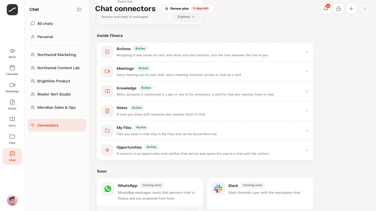 The chat connectors with the Inside Flowra section