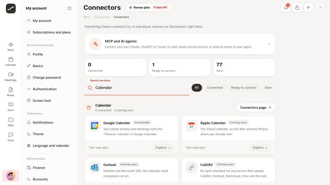 A search for “calendar” in the connectors hub with the cards it found