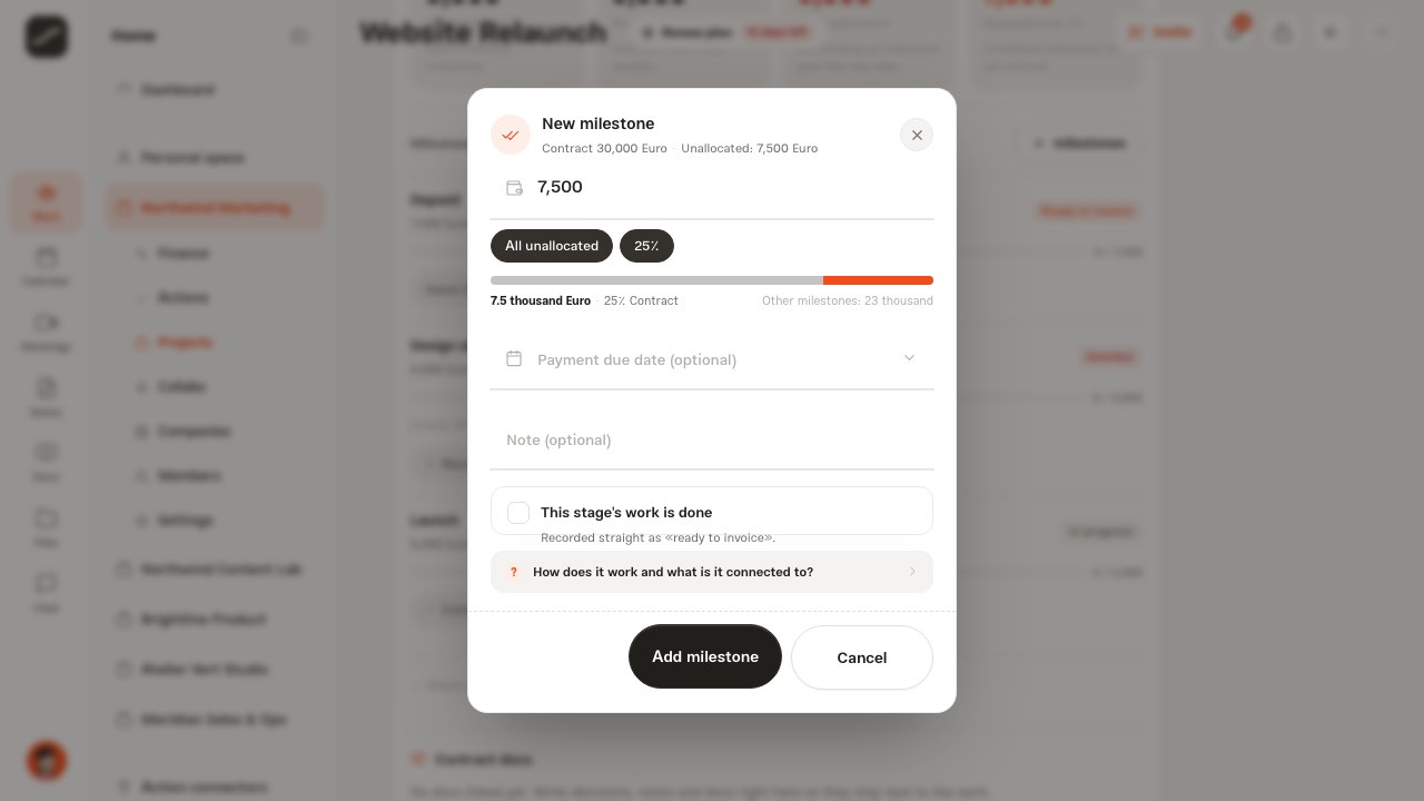The new milestone dialog with title suggestions, percentage buttons and the share-of-contract bar