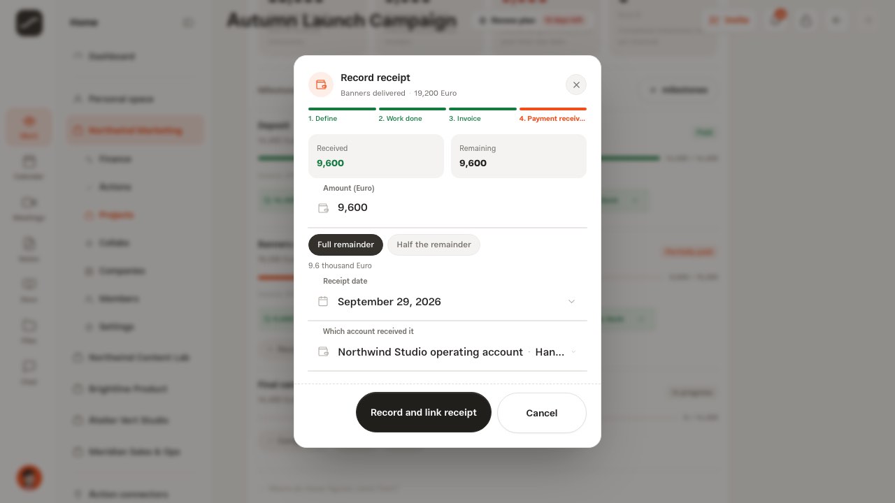 The record receipt dialog with the remaining amount, the date and the destination account