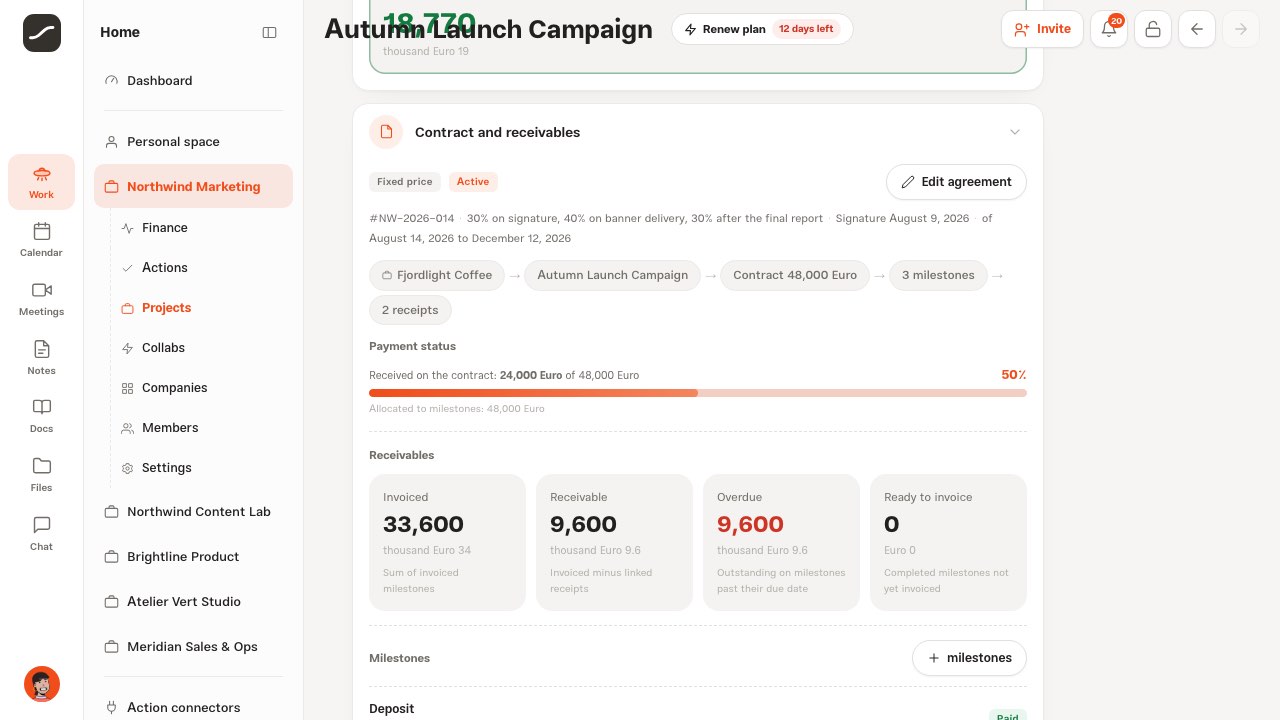 A project page with its money cards and the contract and receivables section