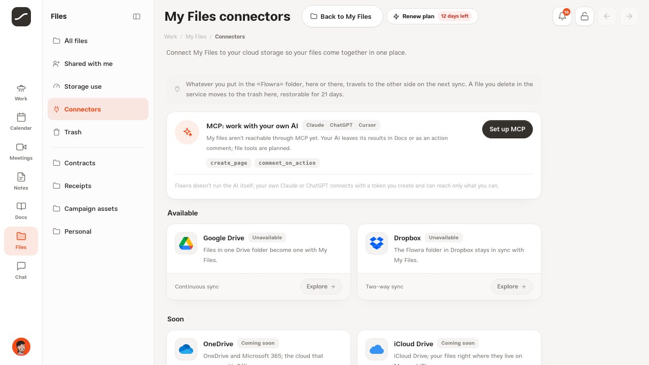 My Files connectors: MCP, Google Drive, Dropbox and the services coming soon