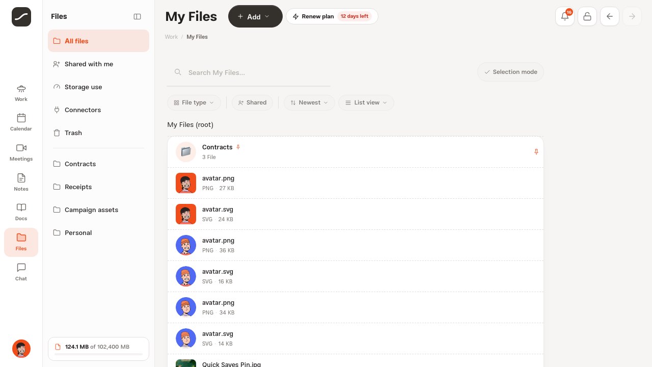 My Files on a desktop: the five-place column, the main folders and the storage card