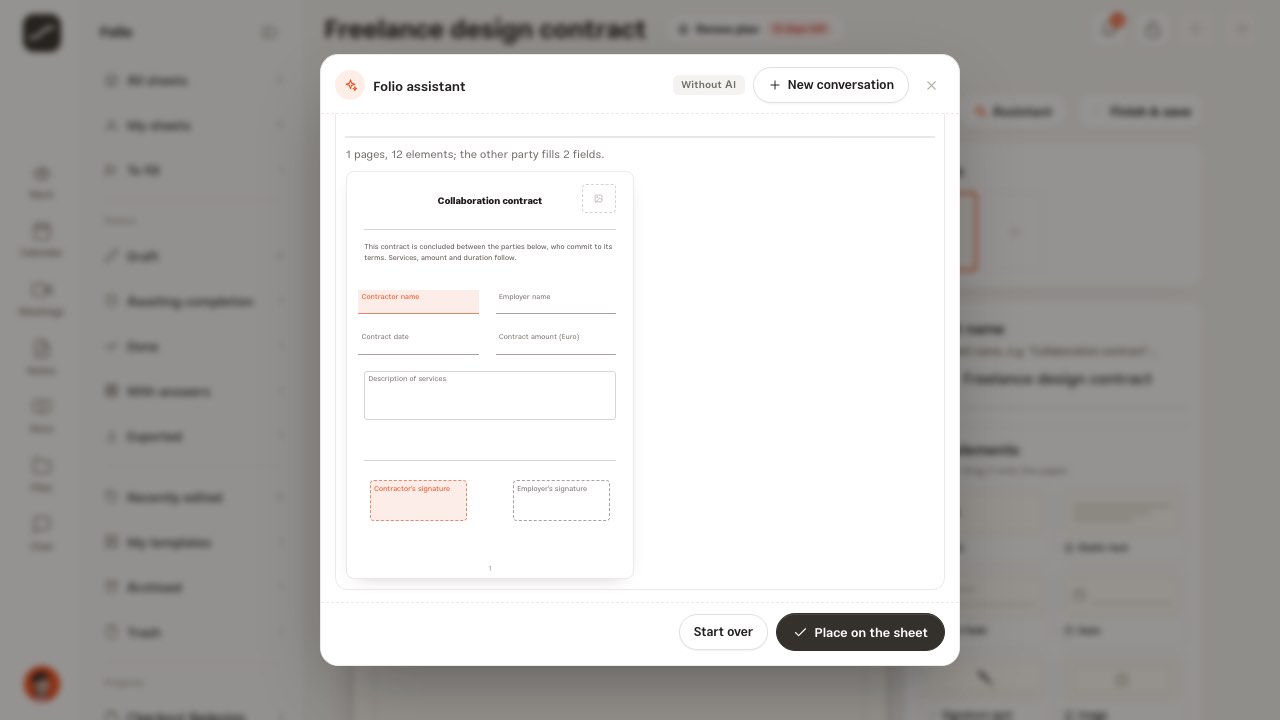 The Folio assistant with an A4 preview of the sheet it built from a description