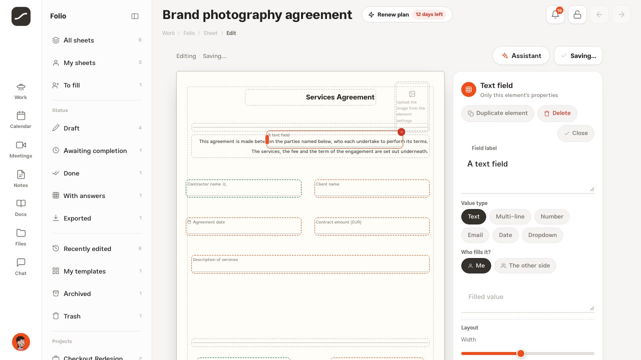 Design mode with the “Add elements” panel and a new text field on the paper
