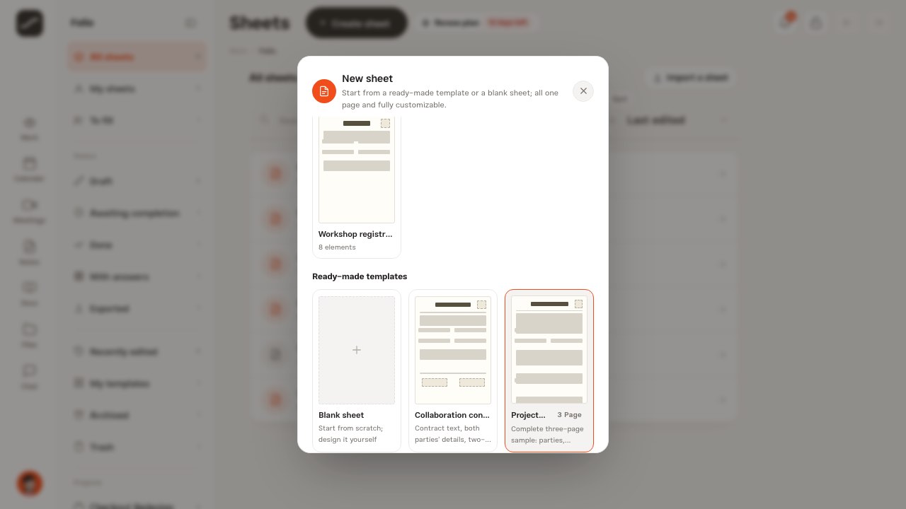 The new-sheet gallery with a blank sheet and ready-made templates