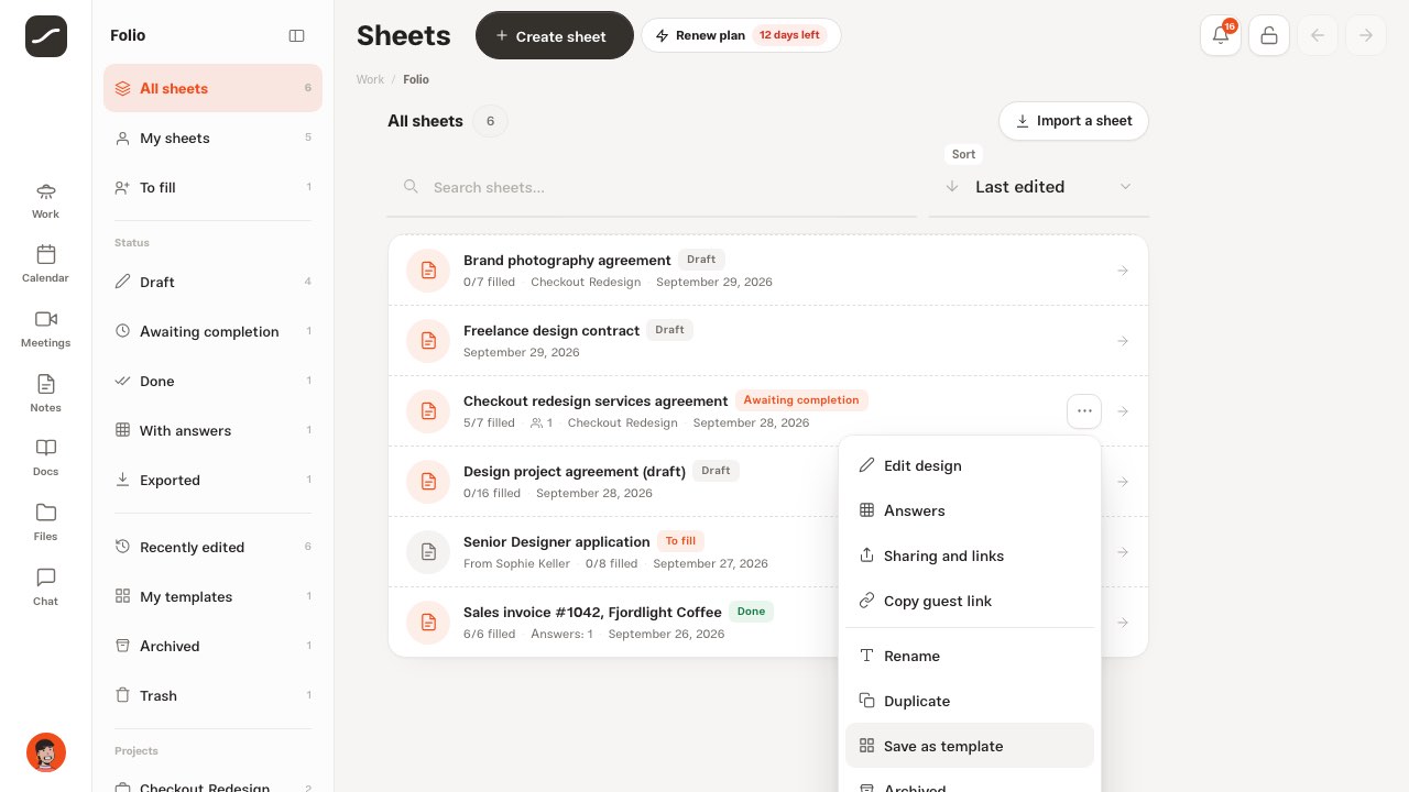 The Folio shelf with each sheet's status and one row's three-dot menu