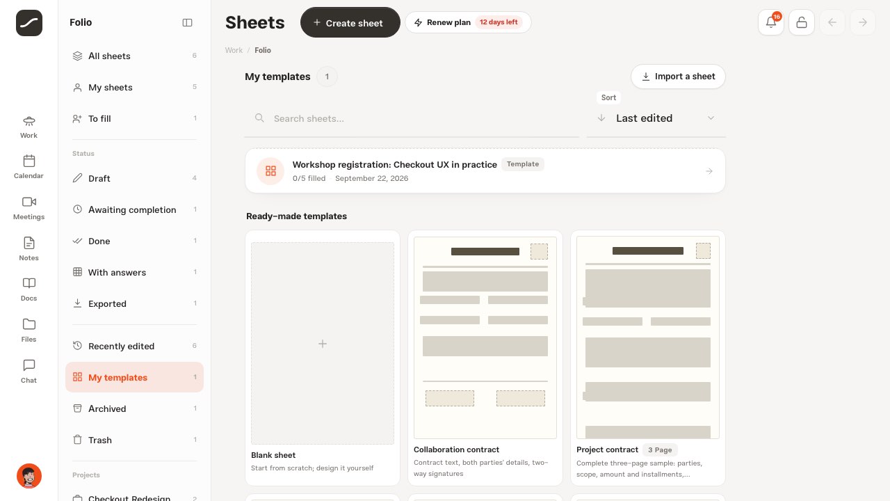 Folio's second column on the “My templates” view