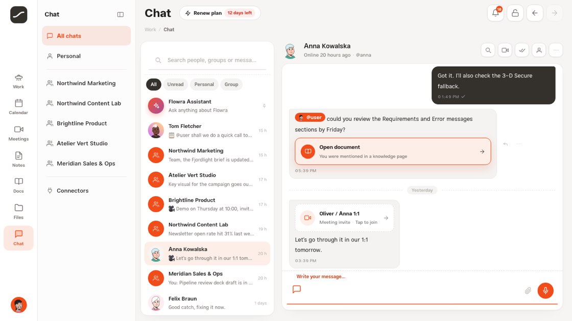 A mention card in a direct chat with the “Open document” button