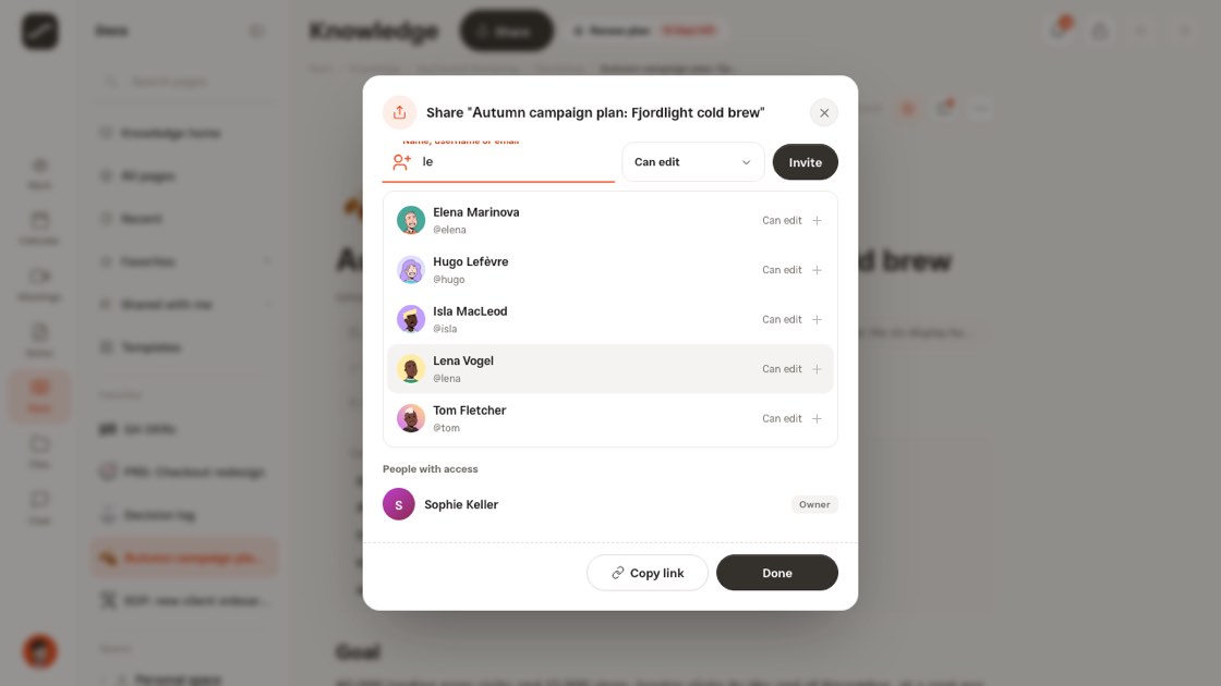 The share dialog with a teammate suggestion and the “Invite” button