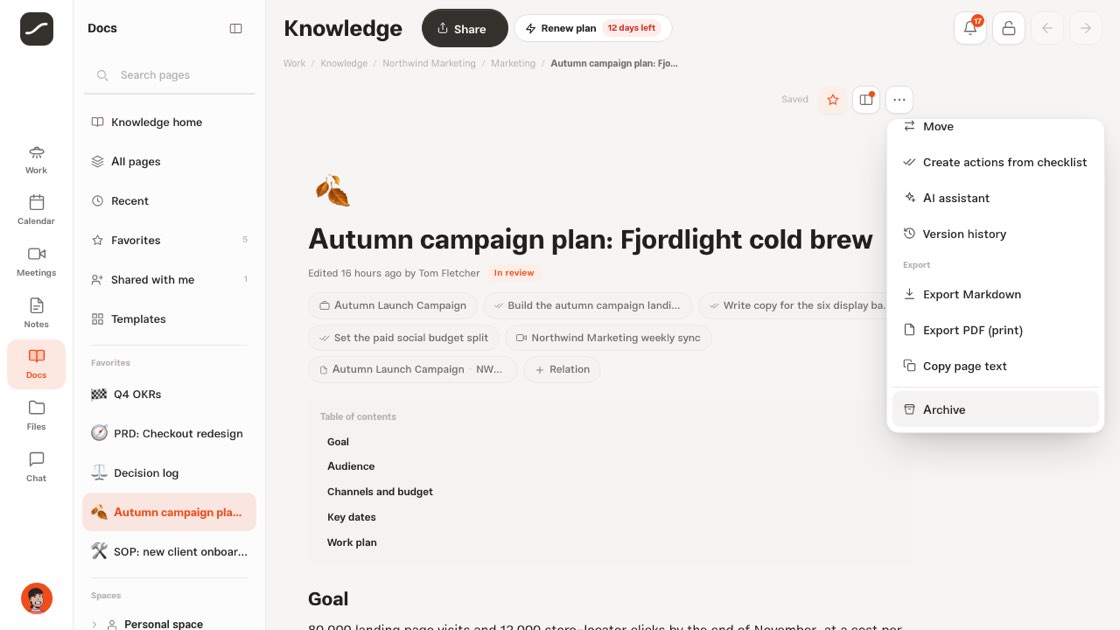 The page menu: Markdown and PDF export, archive and trash