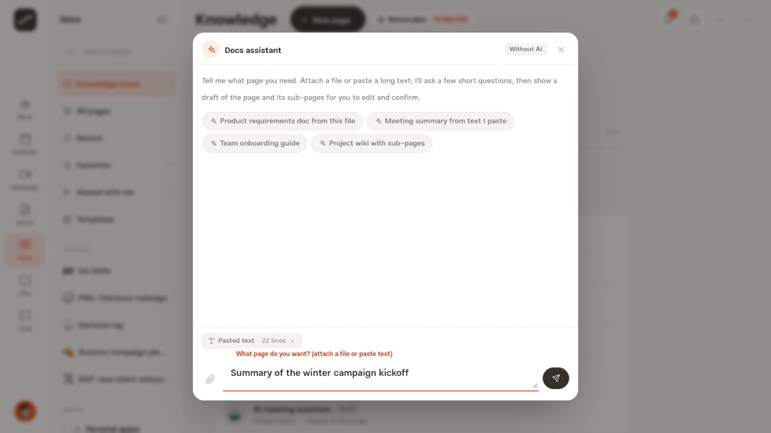 The Docs assistant with a “Pasted text” chip and a page request