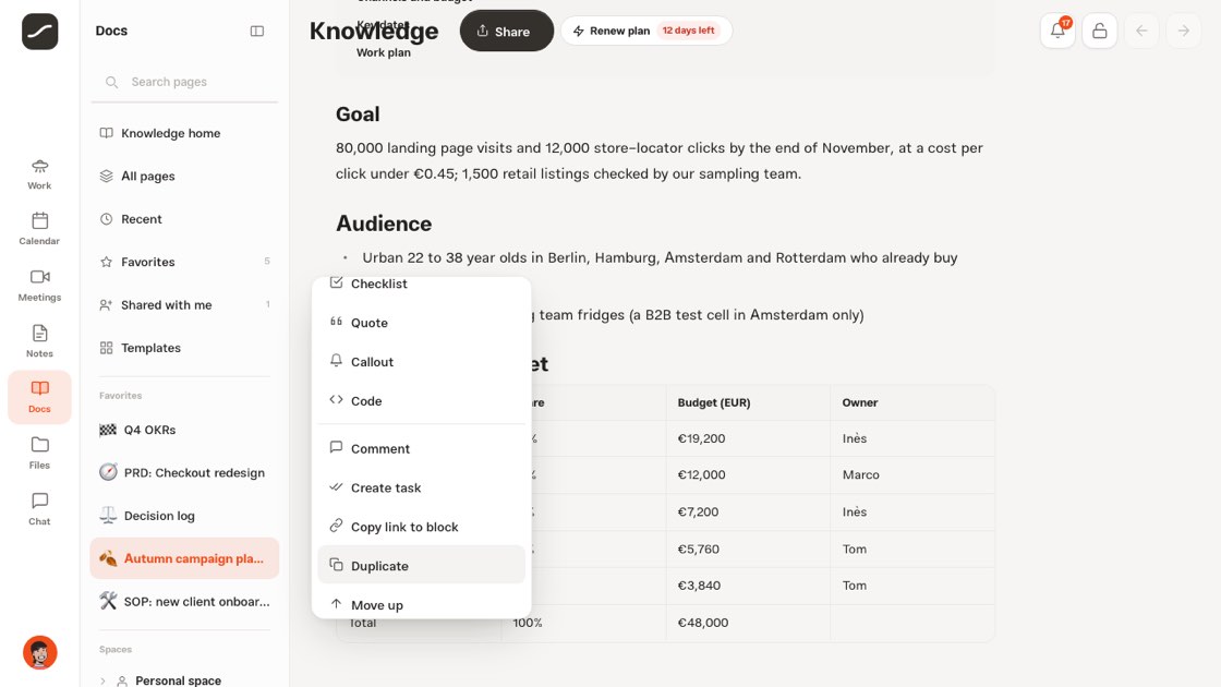 A block's menu: turn into, comment, create action, copy link and duplicate