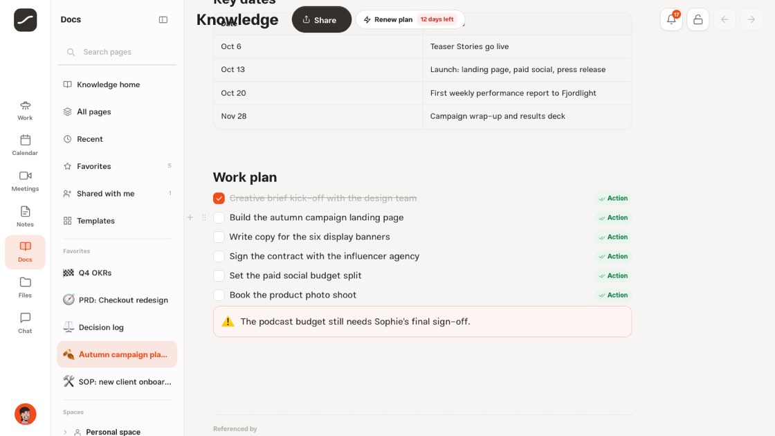 A checklist with the “Action” tag next to lines that became actions