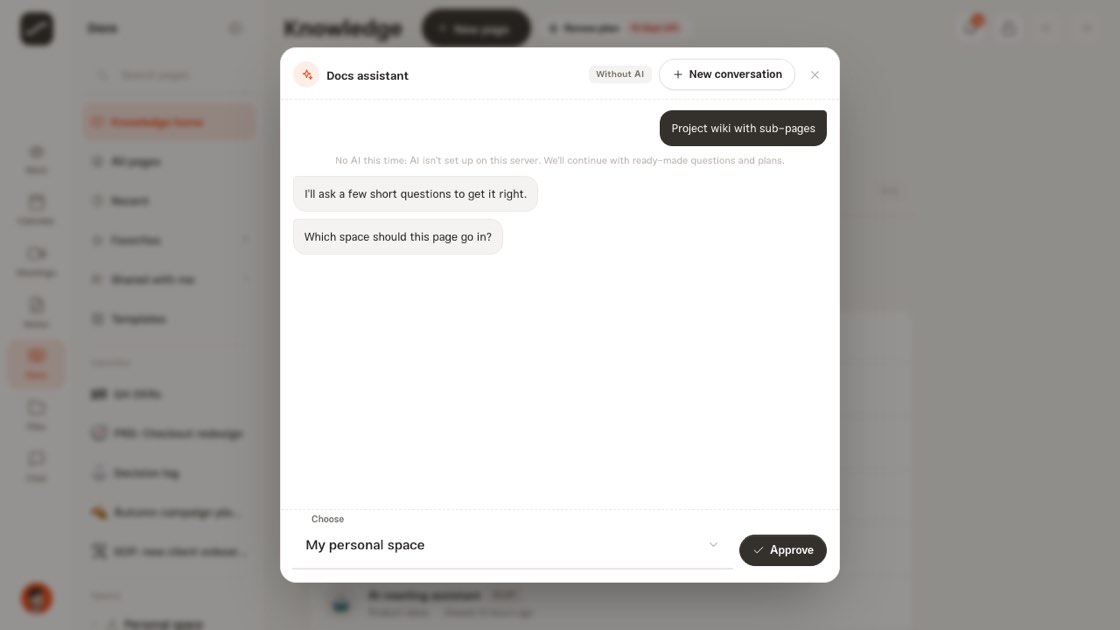 A wiki draft with subpages and the “Create pages” button
