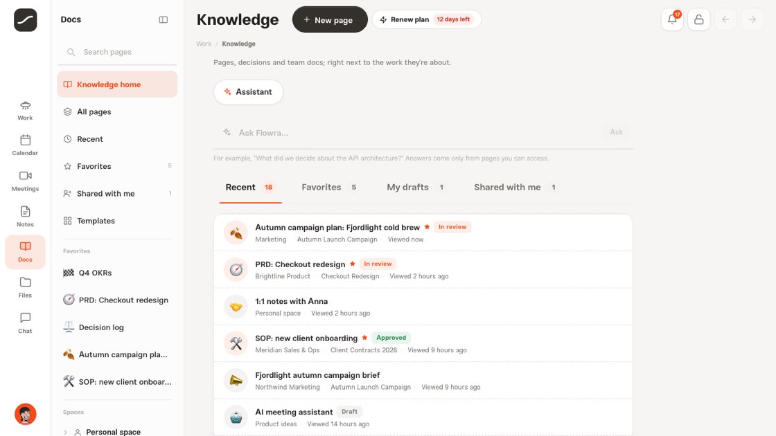 Knowledge home: four tabs, project docs and templates