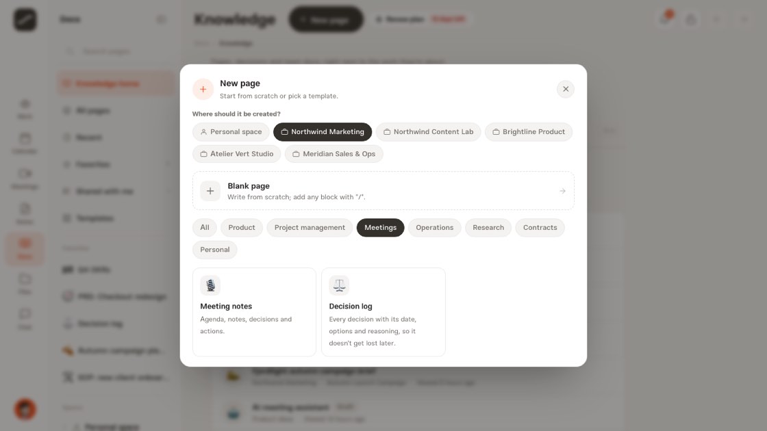 The “New page” dialog: where to create it and from which template