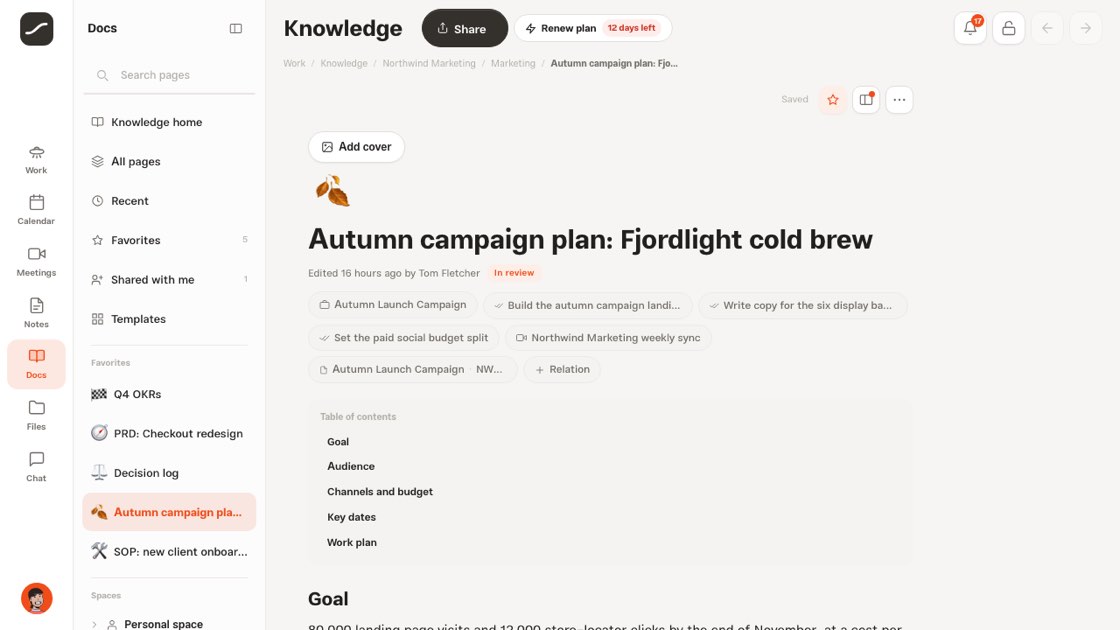 A knowledge page: title, status, related work and table of contents