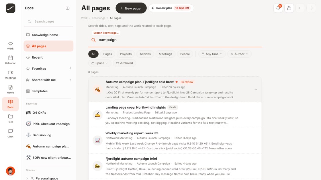 “All pages” with a search for “campaign” and filters for time, author and space
