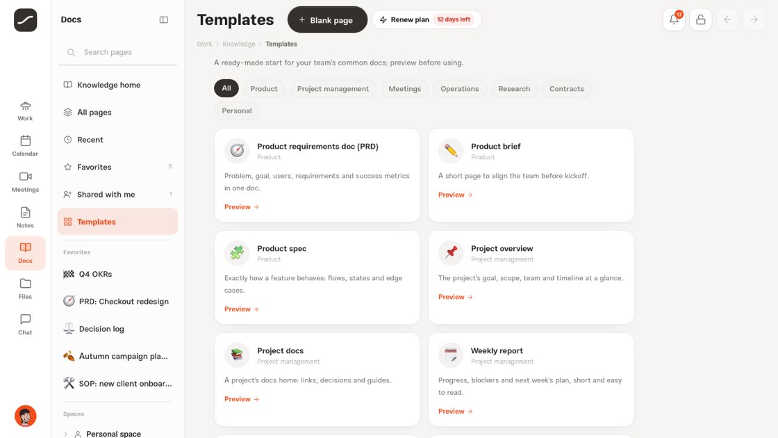 The Templates page with seven categories and a preview of each template