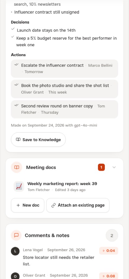 The meeting AI assistant with the summary, decisions and actions, and the Save to Knowledge button