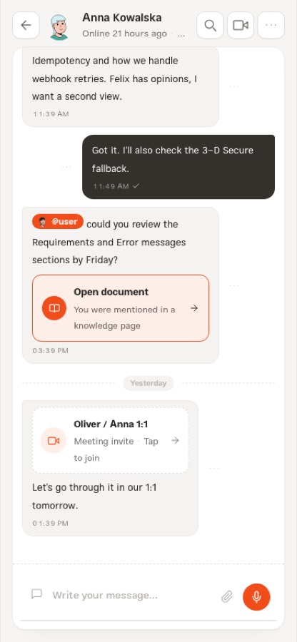 A private chat with a meeting invite card and the video call button