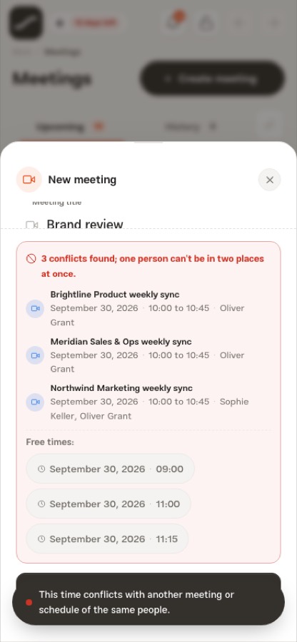 The meeting form with three conflicts and three suggested free times
