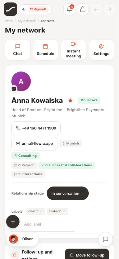 A contact's page with the Instant meeting and Schedule buttons