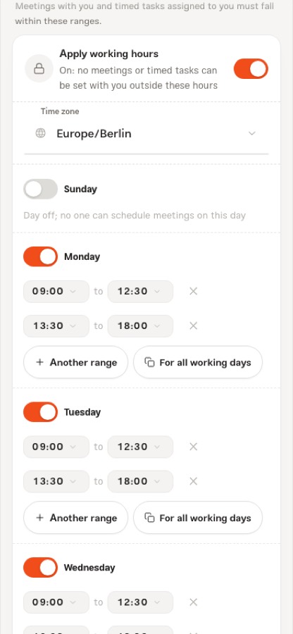 Calendar settings: apply working hours, time zone and each day's ranges