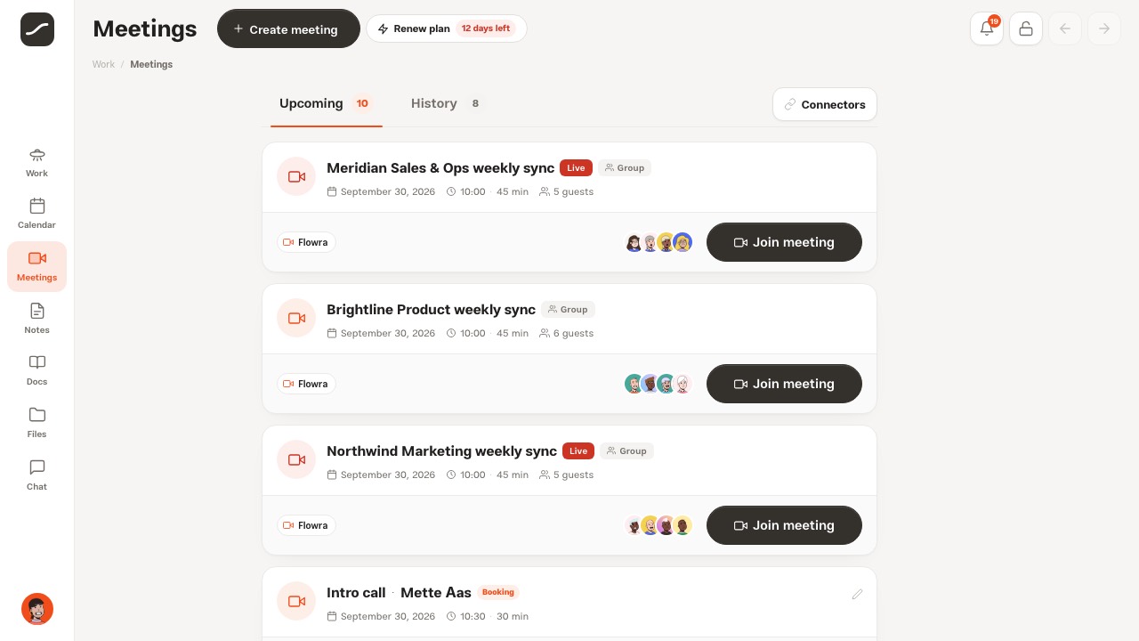 The meetings page with the Upcoming tab, Live and Group badges and a Join on Google Meet button