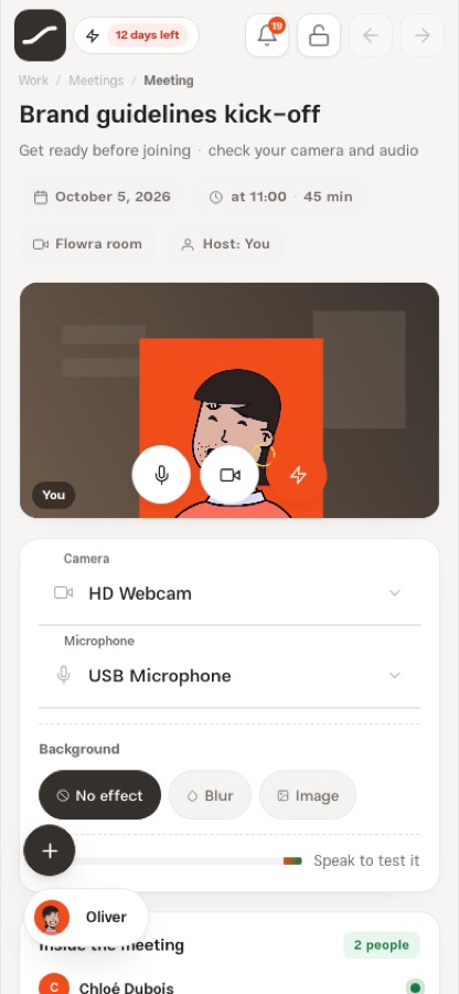 The meeting lobby with the camera preview, device pickers and the list of who's inside