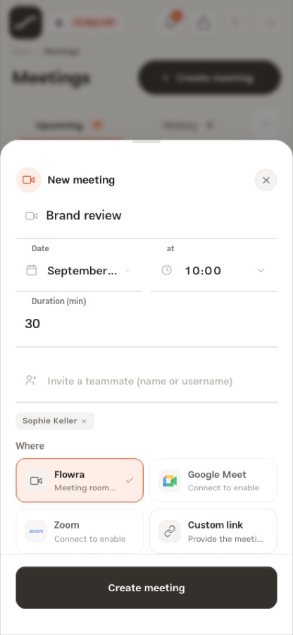 The New meeting form with a date and time, one guest and four venues