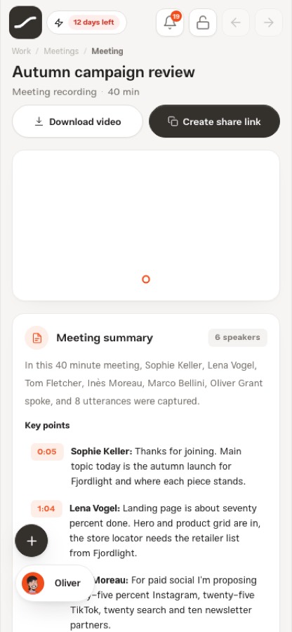 A meeting recording with transcript markers on the playback bar and the transcript column