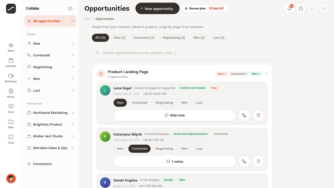 The Opportunities page with a group per project and the stage counts in each group's header