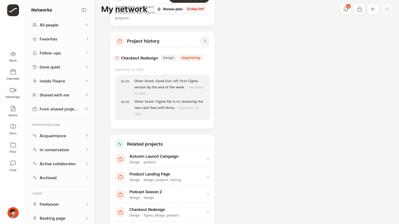 A contact's Full trail with stage moves and notes across projects