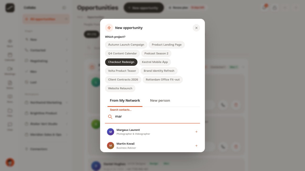 The New opportunity sheet with the project choice and a search in My Network
