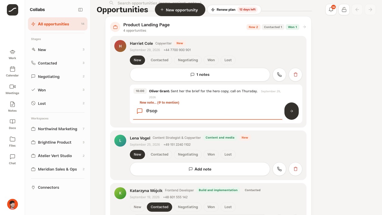 An opportunity's note thread with a fresh note and the @ list